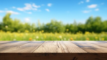 An empty wooden table placed in front of a beautiful field of flowers. Perfect for adding a rustic touch to any floral-themed project or showcasing the beauty of nature