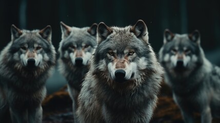 A group of gray wolves standing side by side. This image can be used to depict unity, teamwork, or the beauty of nature.