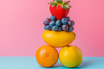 An artful arrangement of fresh and colorful fruits skillfully stacked one on top of the other, portraying a vibrant display of balanced and nutritious delights.