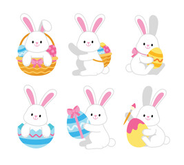 Easter bunny. Modern egg, bunnies for kids. Rabbit or hare, spring festive animal. Cute cartoon holiday vector illustration. Character design.