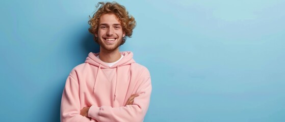 Portrait of happy man with curly hair smile toothily keeps arms down wears casual pink hoodie looks cheerful isolated over blue background being in good mood with copy space. Generative ai