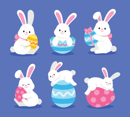 Easter bunny. Modern egg, bunnies for kids. Rabbit or hare, spring festive animal. Cute cartoon holiday vector illustration. Character design.