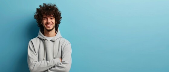 Portrait of happy man with curly hair smile toothily keeps arms down wears casual hoodie looks cheerful isolated over blue background being in good mood with copy space. Generative ai - obrazy, fototapety, plakaty