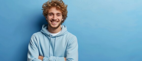 Portrait of happy man with curly hair smile toothily keeps arms down wears casual blue hoodie looks cheerful isolated over blue background being in good mood with copy space. Generative ai - obrazy, fototapety, plakaty