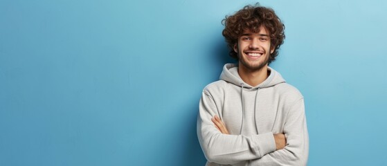 Portrait of happy man with curly hair smile toothily keeps arms down wears casual hoodie looks cheerful isolated over blue background being in good mood with copy space. Generative ai - Powered by Adobe