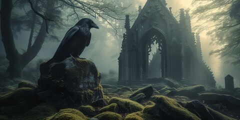 fantasy illustration of a old church with raven - obrazy, fototapety, plakaty