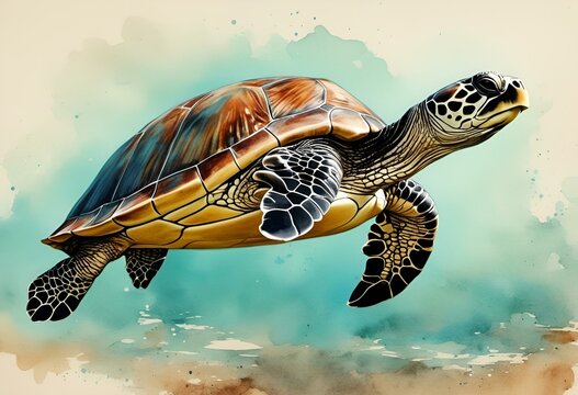 a turtle swimming on a watercolor background for an article about marine life