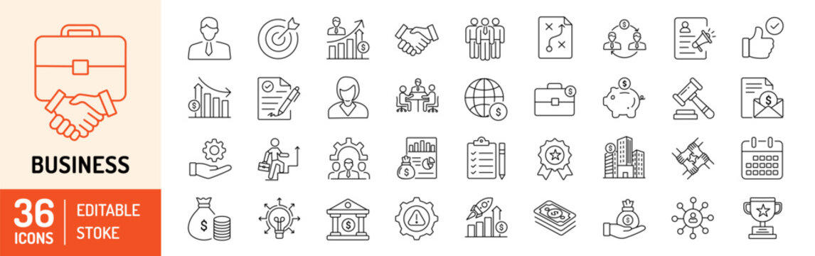 Business editable stroke outline icons set. Business, target, strategy, meeting, management, teamwork, marketing, service, partnership and handshake. Vector illustration