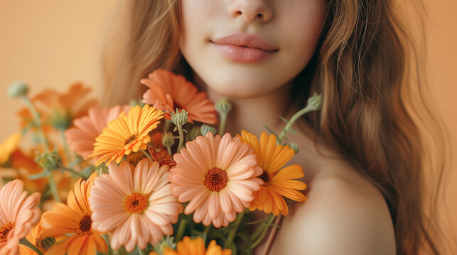 A girl radiates joy and warmth as she delicately cradles a vibrant bouquet of calendula flowers, embodying the beauty of nature.