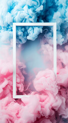 Abstract cloud of silky ink splash, like smoke. White frame, copy space. Pastel blue and pink colors. Generative AI