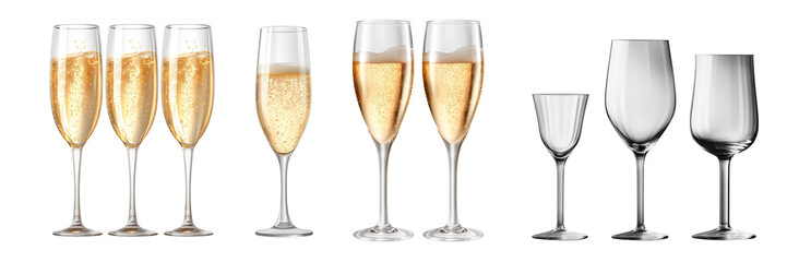 Set of champagne and wine glasses isolated on white background. Generative AI.