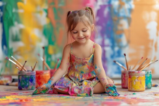 Little girl having fun painting with bright colors all over her hands and dress