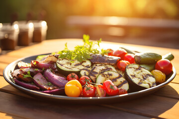 Creating vegetarian grilled vegetables on wooden table in fresh air. Perfect balance of tenderness and caramelized smokiness of vegetables for vegetarians, close-up