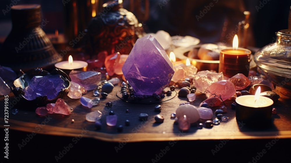 Poster A table adorned with an abundance of sparkling crystals and flickering candles. Perfect for adding a touch of elegance and enchantment to any event or special occasion