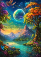 Obraz na płótnie Canvas An artistic painting depicting a breathtaking scene of colorful forests with the moon shining brightly in the sky. Mythical birds soar in the horizon, adding a magical atmosphere to the view.