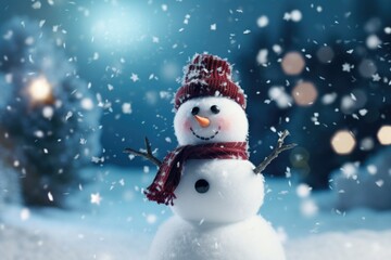Naklejka na ściany i meble A snowman dressed in a red hat and scarf. This picture can be used for winter-themed designs or holiday greetings