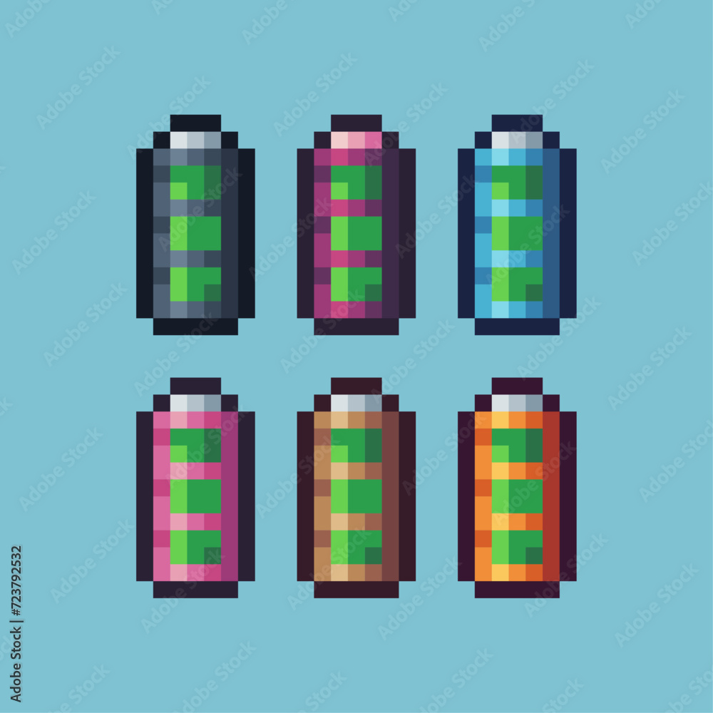 Poster pixel art sets icon of battery variation color. phone battery icon on pixelated style. 8bits perfect