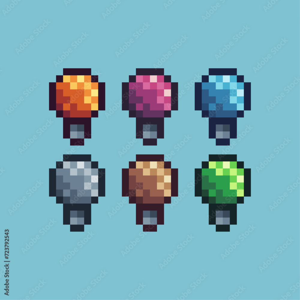 Poster pixel art sets icon of bulb variation color. bulb icon on pixelated style. 8bits perfect for game as