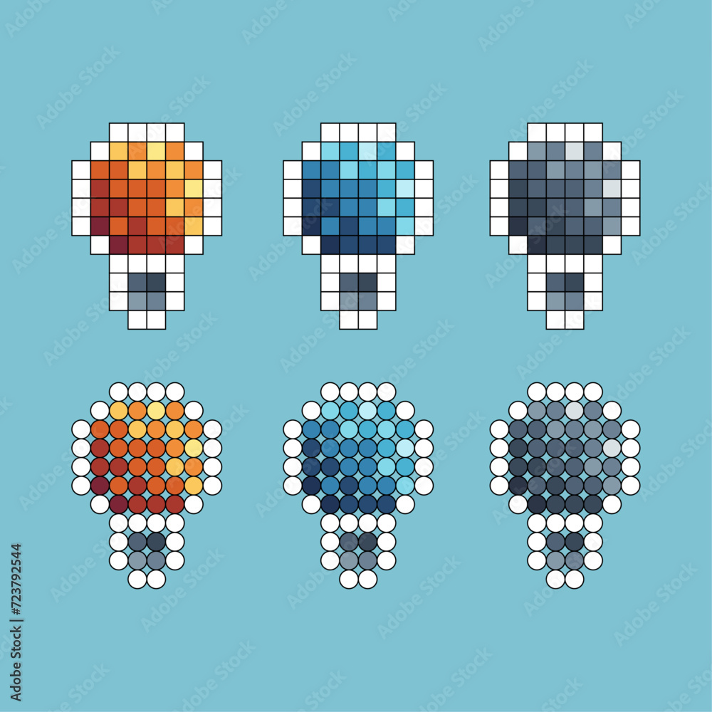Poster pixel art stroke sets icon of bulb variation color. bulb icon on pixelated style. 8bits perfect for 