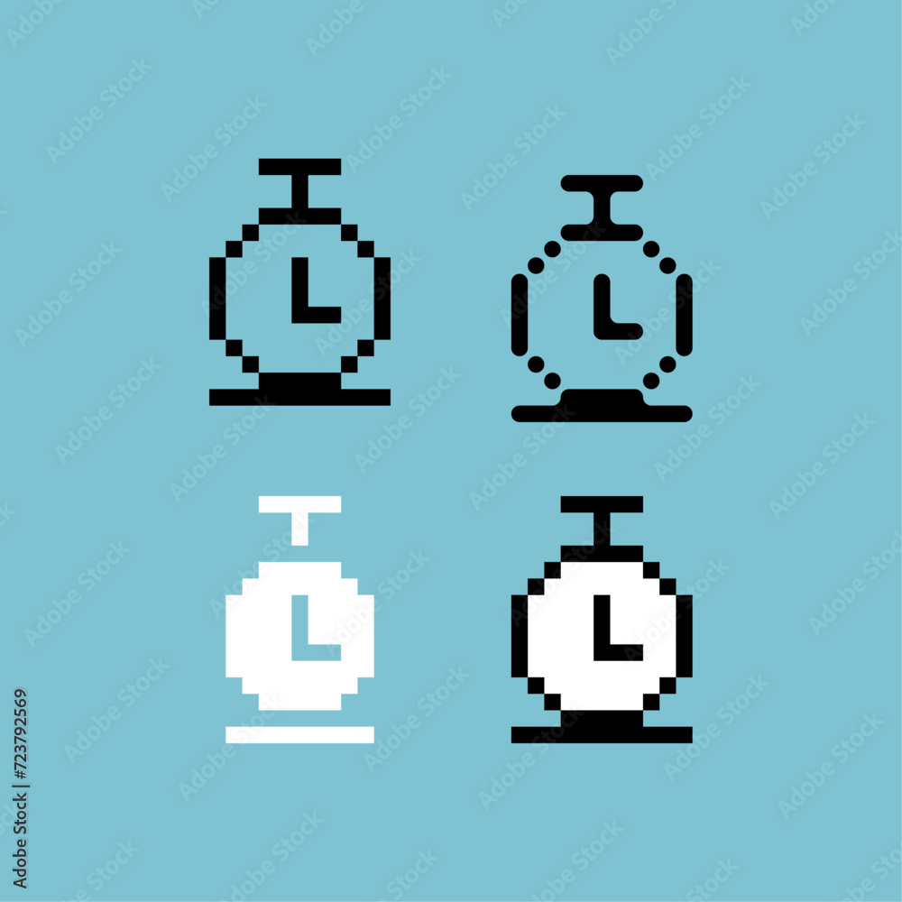 Poster pixel art outline sets icon of clock variation color. clock watch icon on pixelated style. 8bits per
