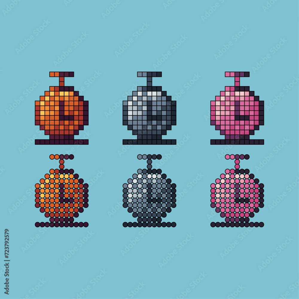 Poster pixel art stroke sets icon of clock variation color. clock watch icon on pixelated style. 8bits perf