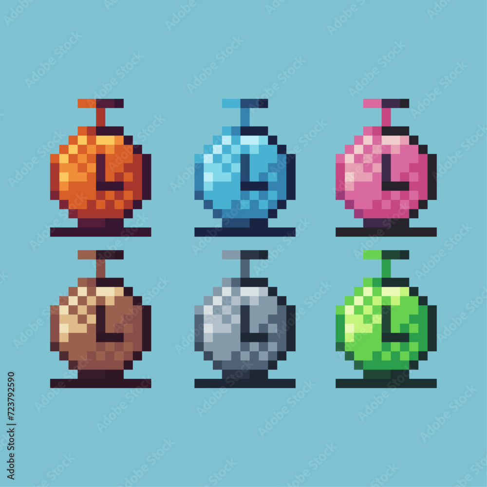 Poster pixel art sets icon of clock variation color. clock watch icon on pixelated style. 8bits perfect for