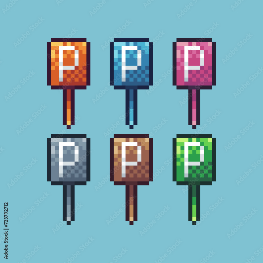 Poster pixel art sets icon of parking sign variation color. p sign icon on pixelated style. 8bits perfect f