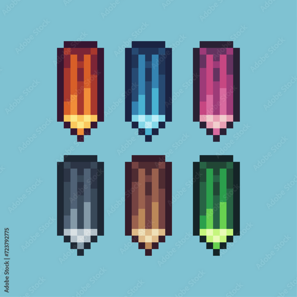 Poster pixel art sets icon of pencil variation color.pencil icon on pixelated style. 8bits perfect for game