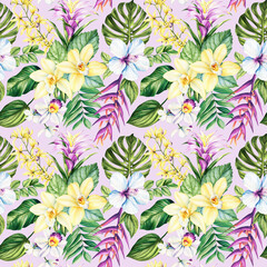 Tropical exotic leaves palm, orchid flowers and plants, floral background. Seamless pattern, watercolor summer wallpaper