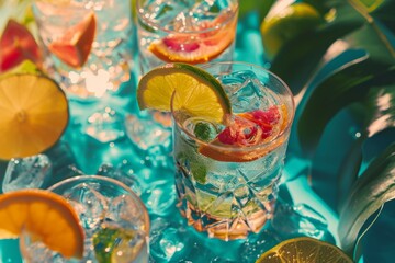 Refreshing summer drinks with citrus and ice on a tropical leaf background.