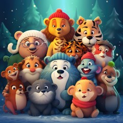 Naklejka premium Cartoon Animals Standing Together
