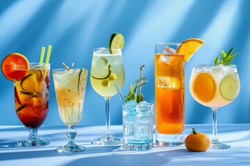 Assorted refreshing cocktails with garnishes on a blue background with shadows.