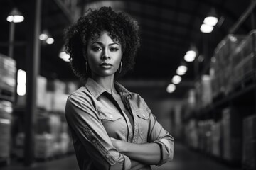 A woman standing confidently in a warehouse, with her arms crossed. This image can be used to convey strength, determination, or a professional attitude.