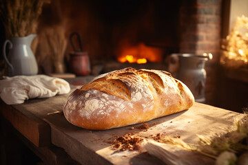 Baked vegan bread without dairy on old wooden table closeup. Artisanal loaf crafted with precision emanates tantalizing aroma wafting through air
