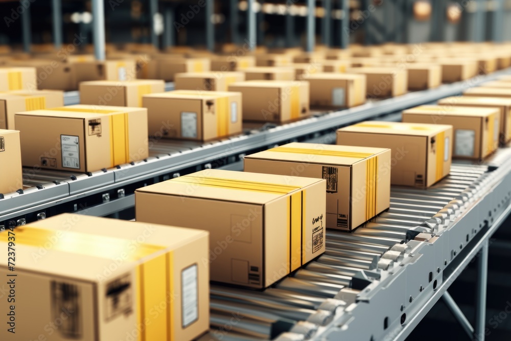 Poster boxes moving on a conveyor belt in a warehouse. suitable for illustrating warehouse operations and l