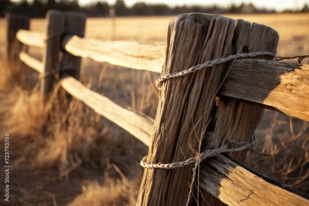 Aufkleber A detailed close-up of a wooden fence in a serene field. Perfect for adding a rustic touch to any project
