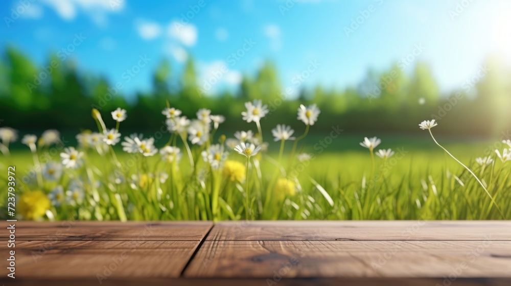 Poster A wooden table with a beautiful field of flowers in the background. Perfect for adding a touch of nature to any design