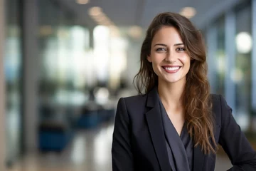 Foto op Aluminium Headshot close up portrait of latin hispanic confident mature good looking middle age leader, ceo female businesswoman on blur office background. Gorgeous beautiful business woman smiling at camera © Danko