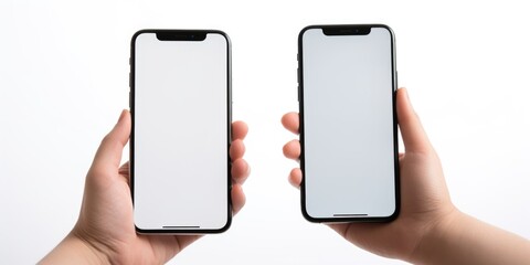 Two hands holding up two Phones with white screens. Perfect for showcasing mobile apps or displaying digital content.