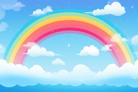 colorful watercolor background with blue clouds and colorful rainbow