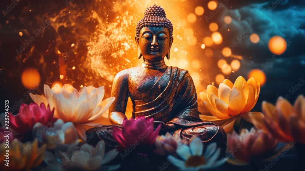 Poster a serene buddha statue surrounded by beautiful flowers in a dimly lit room. perfect for adding a sen