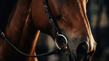 Poster Close up view of a brown horse wearing a bridle. This image can be used to depict horse riding, equestrian sports, or farm animals © Fotograf