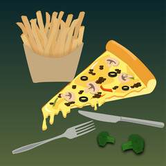 piece of pizza with french fries, fork and knife on green background
