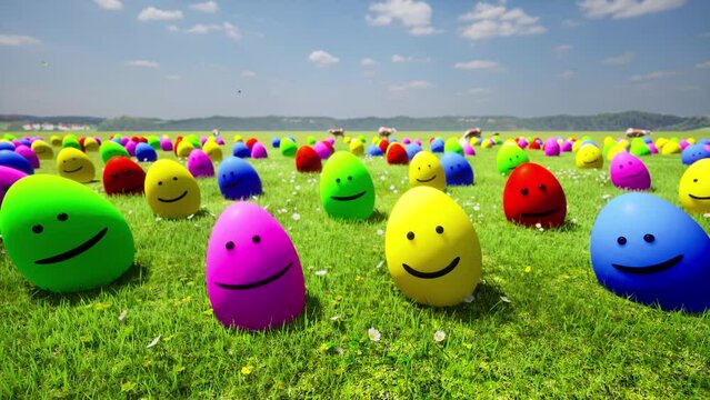 Funny, colored, Easter eggs are dancing on a green, grassy meadow, celebrating the bright holiday of Easter.