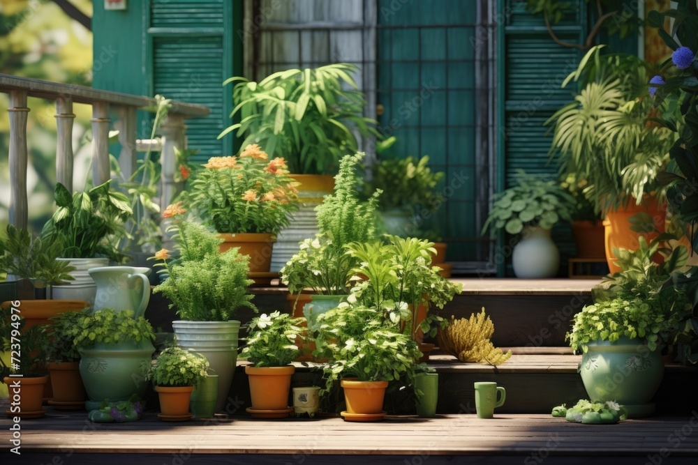 Poster potted plants displayed on a porch. perfect for adding a touch of greenery to any outdoor space