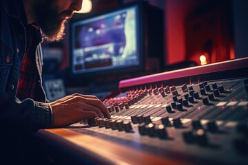 A man sitting at a mixing desk in front of a monitor. Suitable for music production or audio engineering purposes - obrazy, fototapety, plakaty