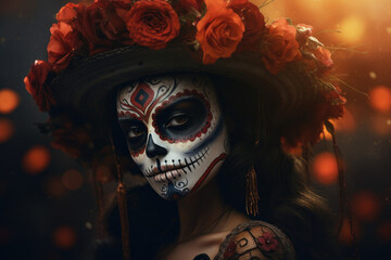 Latin woman among flowers with skeleton make up and traditional clothing