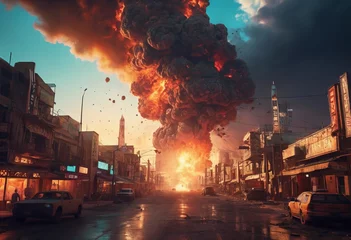 Fotobehang Atomic bomb in city. Symbol of war, end of world. Nuclear explosion © Алексей Ковалев