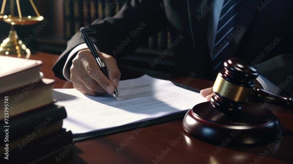 Poster a man in a suit signing a document at a desk. suitable for business and legal concepts