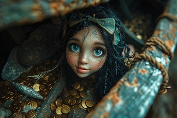 Mermaid inside a spanish galleon wreck full of gold coins - obrazy, fototapety, plakaty